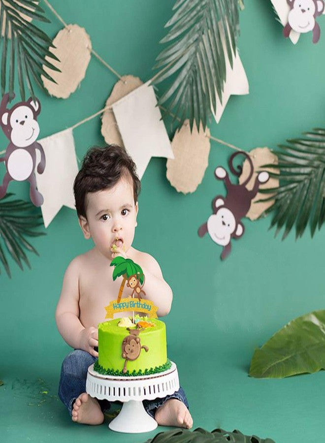 LILIPARTY Glitter Monkey Happy Birthday Cake Topper, Monkey Birthday Cake Decor, Safari Jungle Themed Birthday Party Supplies, Zoo Animals Centerpiece - Image 4